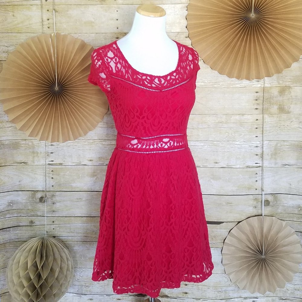 RED LACE FIT & FLARE DRESS